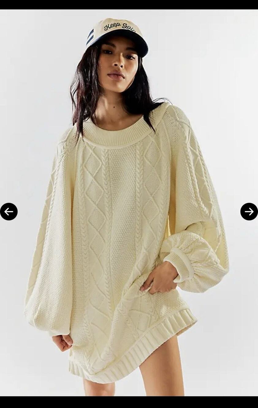 Free People We The Free The Feels Cable Knit Sweater Tunic Ivory Oversized Sz XS